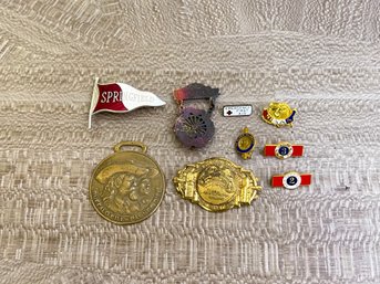 Lot Of Vintage Medals And Pins Including Sterling Bicycle Race, Bronze Buffalo Bill, And More