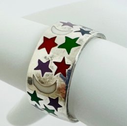 PRETTY STERLING SILVER ENAMELED STARS AND MOONS RING