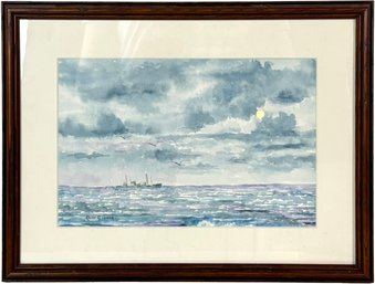 An Original Watercolor, Seascape With Battleship By Owen G. Young