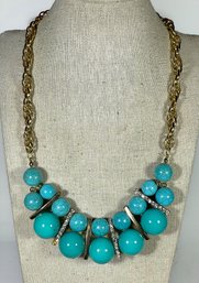 Turquoise Colored Plastic Beaded Gold Tone Rhinestone Necklace