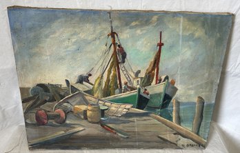 Vintage Mid Century Nautical Oil Painting- Signed D. BRENNER- Dock With Fishing Boats