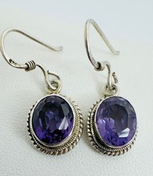 VINTAGE STERLING SILVER AMETHYST DANGLE EARRINGS