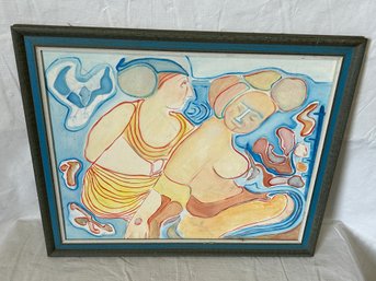 Vintage Mid-century Modern Expressionist Painting- Nude Bathers- Signed STAMAS And Dated 1977