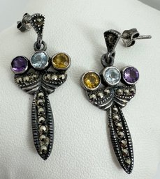 BEAUTIFUL STERLING SILVER MULTI GEMSTONE AND MARCASITE DANGLE EARRINGS