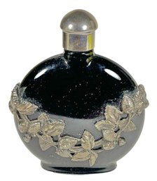 Vintage Black Glass Perfume Bottle Having Silver Strawberries Overlay