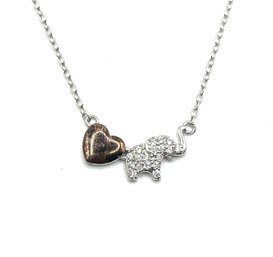 Beautiful Sterling Silver Clear Stones Elephant And Copper Color Heart Pendant Necklace