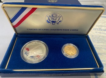 1987 US Constitution Silver Dollar And Gold Five Dollar Coins