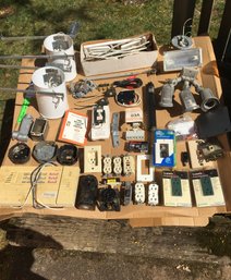 Table Lot Of Misc Electrician Electrical Supplies - Outlets, Switches, Motor Control, Lighting, Used Alarm Sys