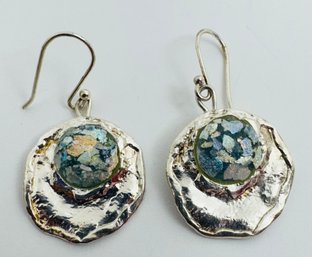 BEAUTIFUL STERLING SILVER IRIDESCENT GLASS DANGLE EARRINGS - ISRAEL