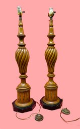 Pair Of Wood Lamps With Brass Accents