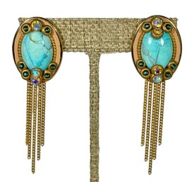 Contemporary Costume Pierced Earrings Having Tassels And Green Stones