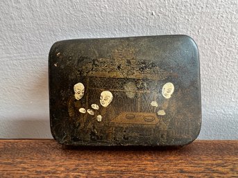 Antique Japanese Lacquered Hinged Lid Box With Scene Of Three Men
