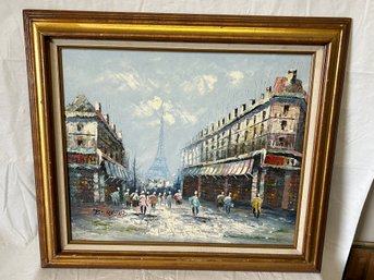 Vintage Mid Century BERNARD Oil Painting- Bustling Parisian Street Scene With Eiffel Tower In The Distance