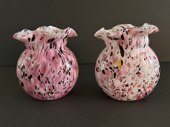 Vintage Pair ' End Of Day'  Pink Black White Ruffle Top Glass Vases 5.5' Height