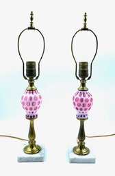 Pair Of Cranberry Dot Optic Opalescent Table Lamps.  Attr. To Fenton