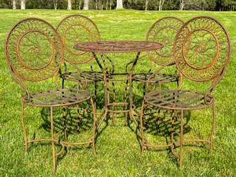 A Bespoke Wrought Iron Outdoor Bistro Table And Set Of 4 'Ice Cream' Chairs