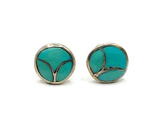 Vintage Sterling Silver Turquoise Color Circle Stud Earrings