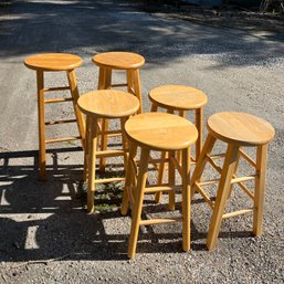 A Set Of 5 Wood Stools - Plus 1 With Broken Rung