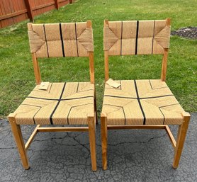 With Tags Pair Of Teak & Woven Rope Side Chairs In The Style Of Serena & Lily Carson