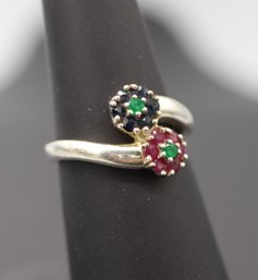 Emerald, Ruby, & Sapphire Floral Motif Sterling Silver Ring