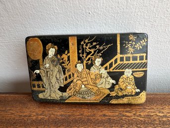 Antique Japanese Lacquered Hinged Lid Box With Scene Of Four Women