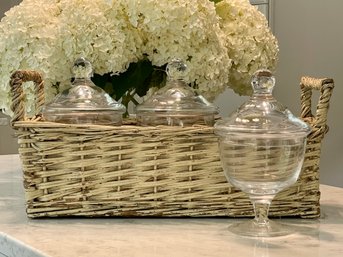 Trio Of Glass Apothecary Jars & Basket