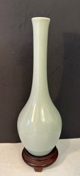 Asian Celadon Vase With Rosewood Stand