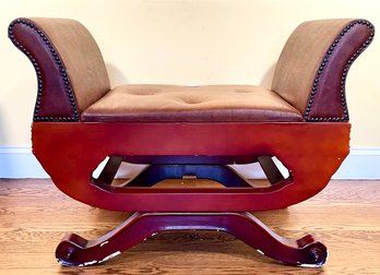 A Cherry Wood And Leather Bench Seat With Nailhead Trim