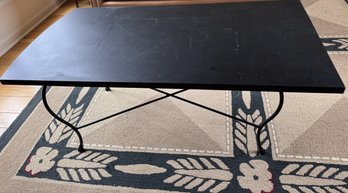 Heavy Black Glass Table Top With One Curved Edge On Metal Frame