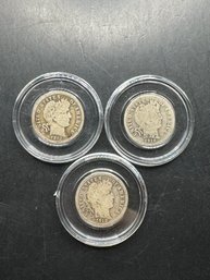 3 Barber Silver Dimes 1912, 1912-D, 1912-S