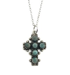 Vintage Sterling Silver Green Turquoise Cross Pendant Necklace