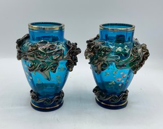 Gorgeous Vintage Pair Of Peacock Blue Vases With Applied Raised Design & Hand Painted Flowers