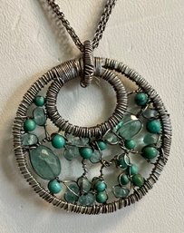 VINTAGE TRIPLE STRAND STERLING SILVER WIRED TURQUOISE AND GEMSTONE NECKLACE