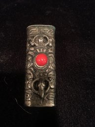 Silver Colored Designed Cigarette Thin Lighter Holder & Clip With Red Bead