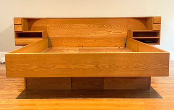 A Vintage White Oak Queen Platform Bedstead With Built In Nightstands