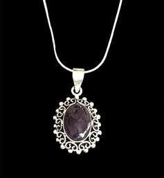 Mexican Sterling Silver Amethyst Detailed Oval Necklace