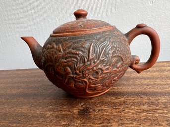 Antique Chinese Yixing Purple Clay Teapot With Dragon & Feng-Huang Design