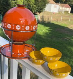 RARE Mid-Century Modern Cathrineholm Orange Enamel Atomic Crazy Fondue Set Designed By Grete Prytz Kittelsen