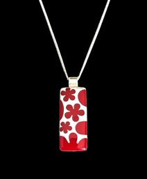 Mexican Sterling Silver Red Flowers Rectangle Pendant Necklace