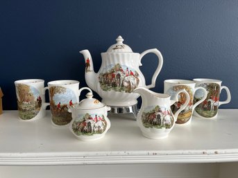 Crown Heritage England Fox Hunt, Gold Trim - Teapot, 4 Cups, Sugar & Cream