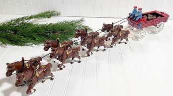 A 1960'S Budweiser Cast Iron Beer Wagon With 8 Clydesdale Horses, Riders, Dog & Barrels