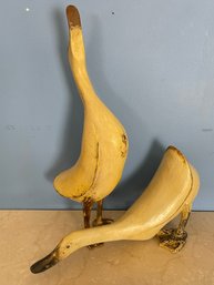 Pair Of Rustic Duck Figurative Wood Figurines