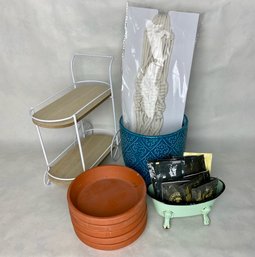 Gardening Lot - Cart, Teal Pot, Clay Saucers, Metal Tub, Macrame Plant Holder