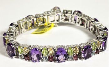 Fine Sterling Silver Gemstone Bracelet Having Large Amethyst Stones