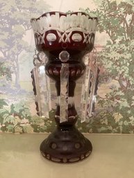 Cranberry And Clear Glass Candle Holder #1