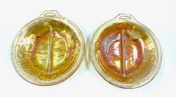 Pair Of Killarney Amber Carnival Glass 2-part Relish Dish By Indiana Glass
