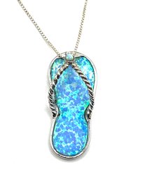 Gorgeous Sterling Silver Blue Fire Opal Flip Flop Pendant Necklace