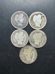 5 Barber Silver Dimes 1906, 1908, 1909-O, (2) 1914