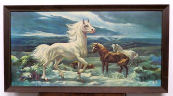 1968 Donald Art Co. Large Framed Print Of Wild Horses On The Stormy Plains