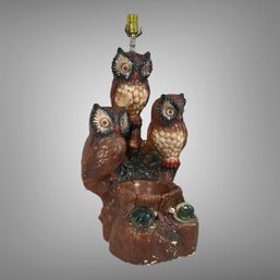 Tall Vintage Chalkware Three Owls Lamp